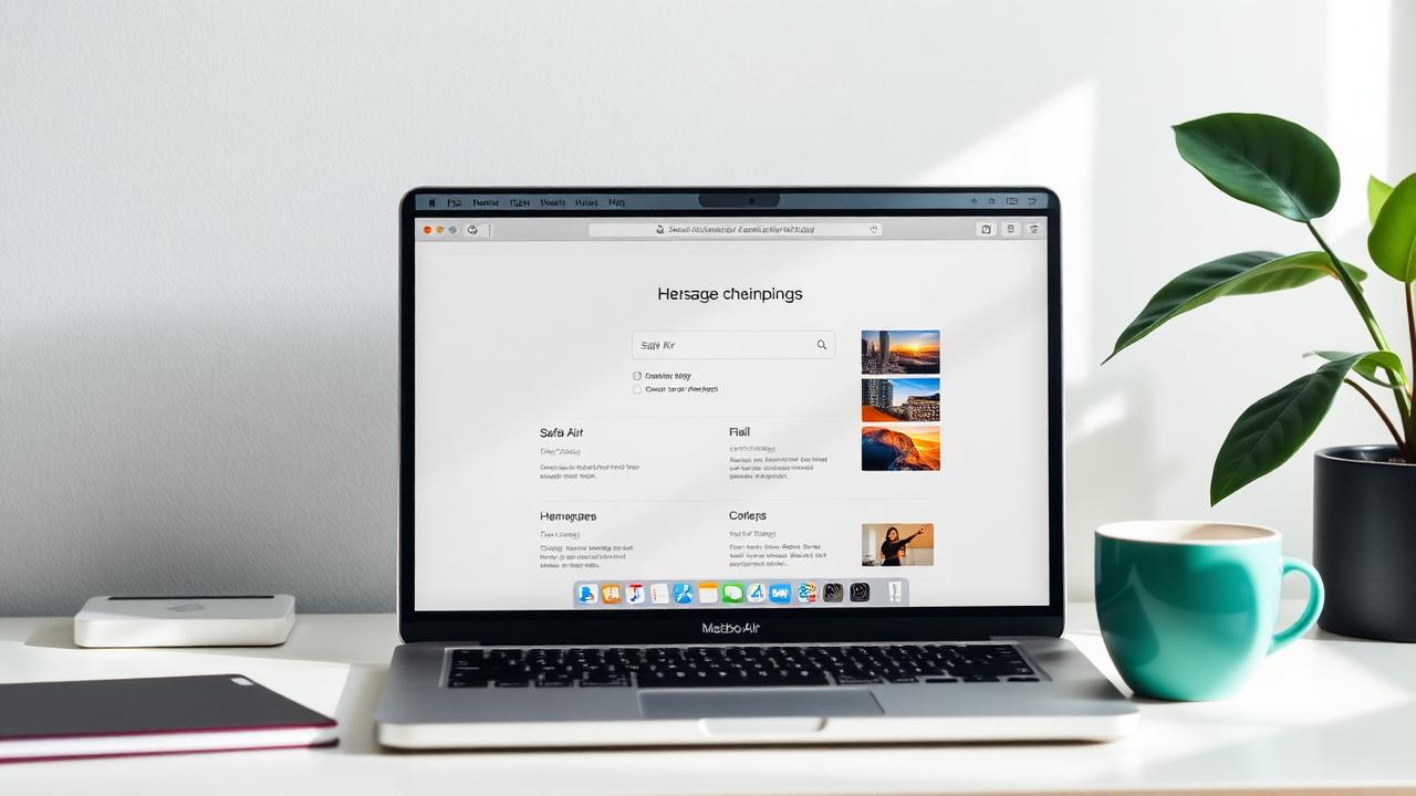 MacBook Air showing Safari browser homepage settings on clean desk