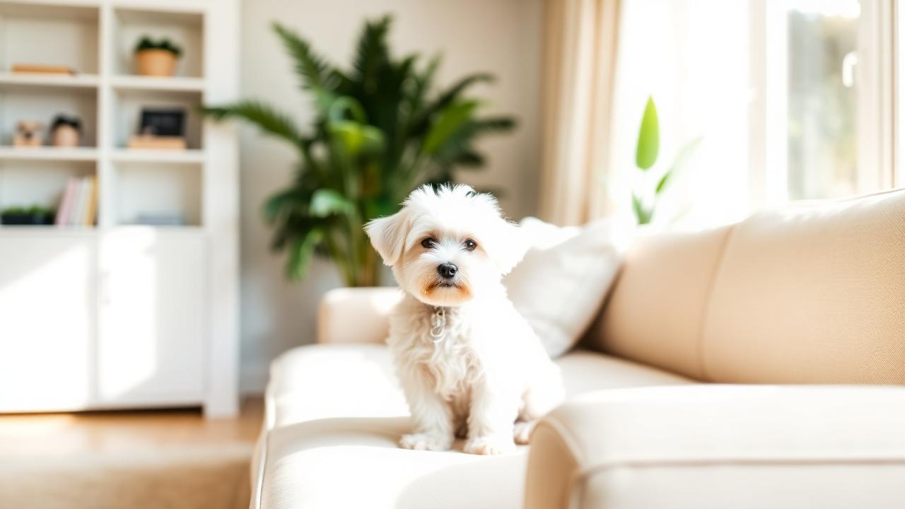 Small fluffy white hypoallergenic dog sitting on a modern sofa