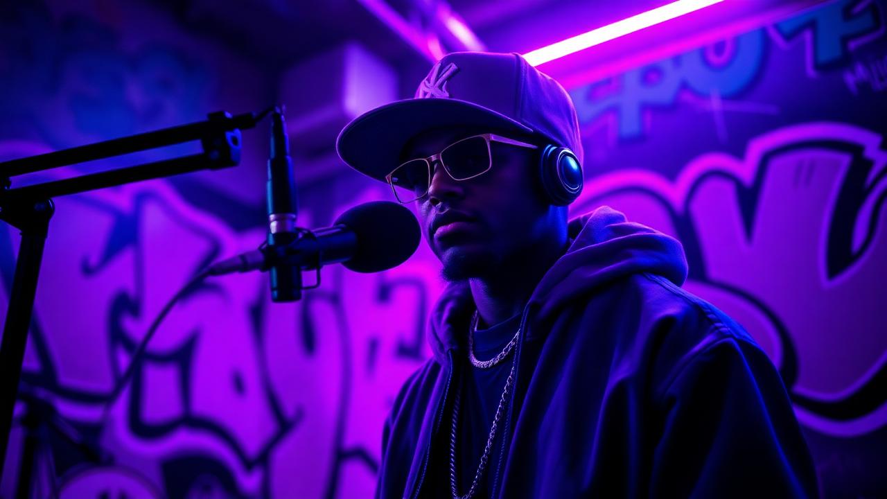 Rapper in neon-lit hip hop studio with microphone and graffiti wall
