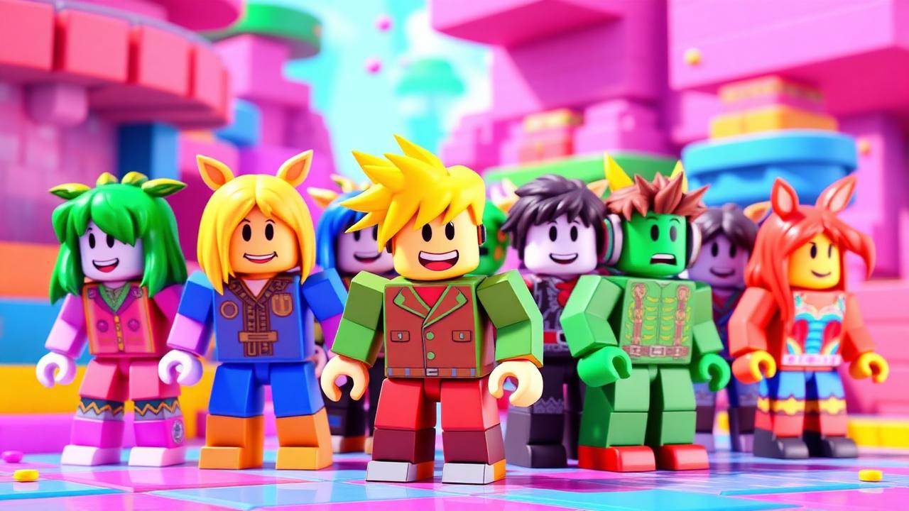 Colorful Roblox-style blocky characters in a vibrant game world