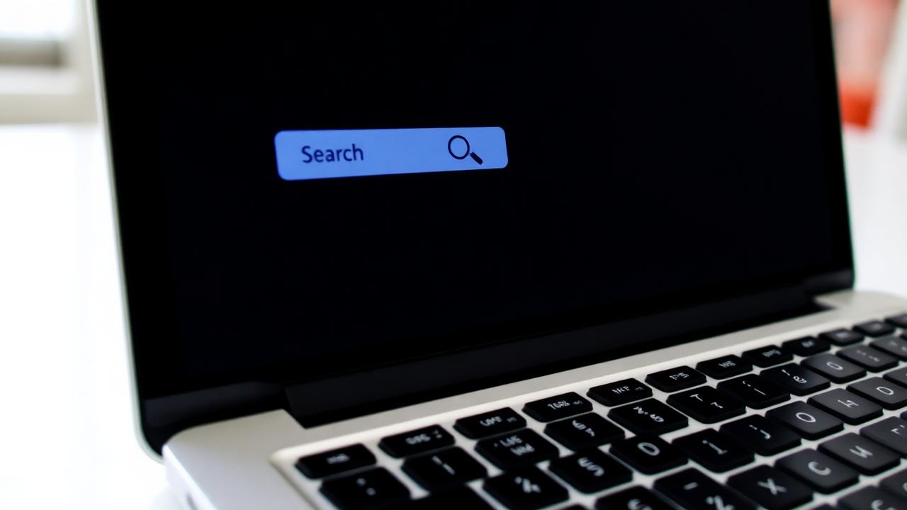 Laptop screen with browser search bar highlighted and magnifying glass