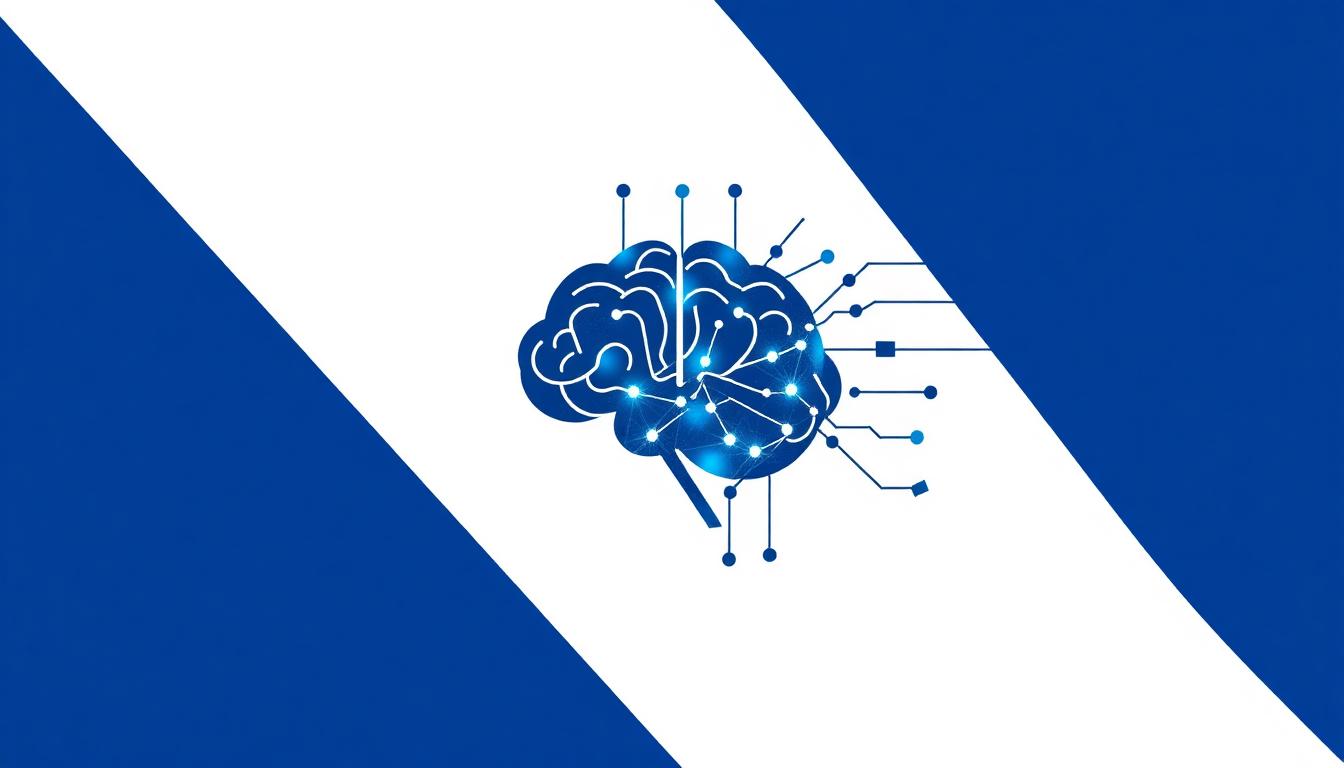 Editorial illustration of a neural network brain pattern in indigo and electric blue representing AI tools for mentoring practice