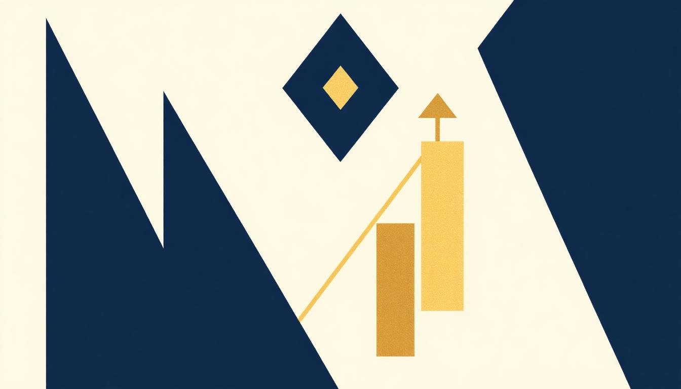 Editorial illustration of navy and gold geometric shapes with ascending bars representing premium high-ticket client attraction