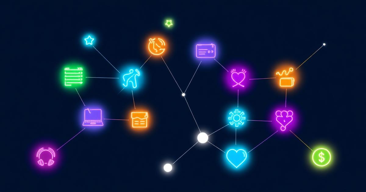 Constellation of 12 glowing niche category icons connected by luminous lines against a dark background