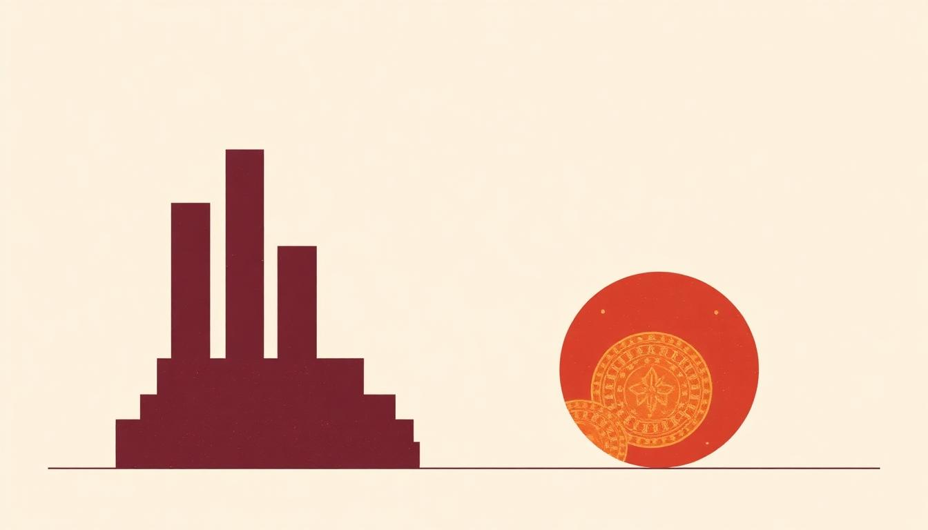 Editorial illustration of stacked burgundy bars and a gold circular element representing recurring revenue growth on a cream background