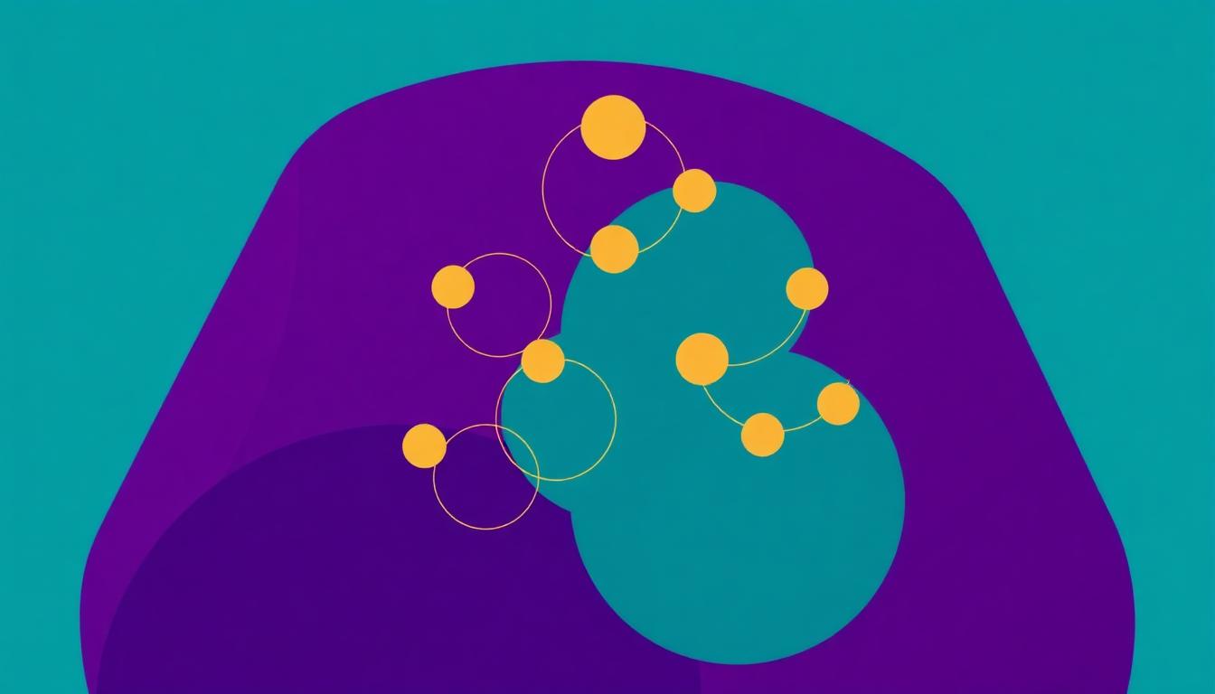 Editorial illustration of interconnected circles and nodes representing group coaching cohort dynamics on a violet and teal background
