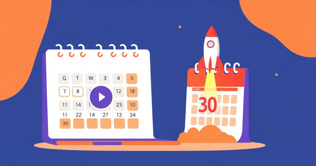 Illustration of a 30-day calendar with a rocket launching on day 30 representing course creation timeline