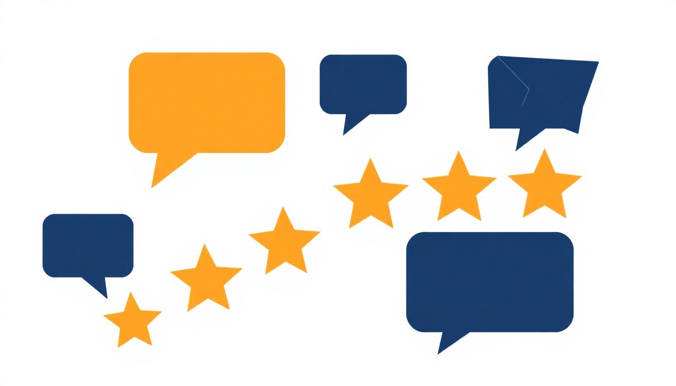 Editorial illustration of amber speech bubbles and navy star shapes representing reviews and testimonials for mentor profiles