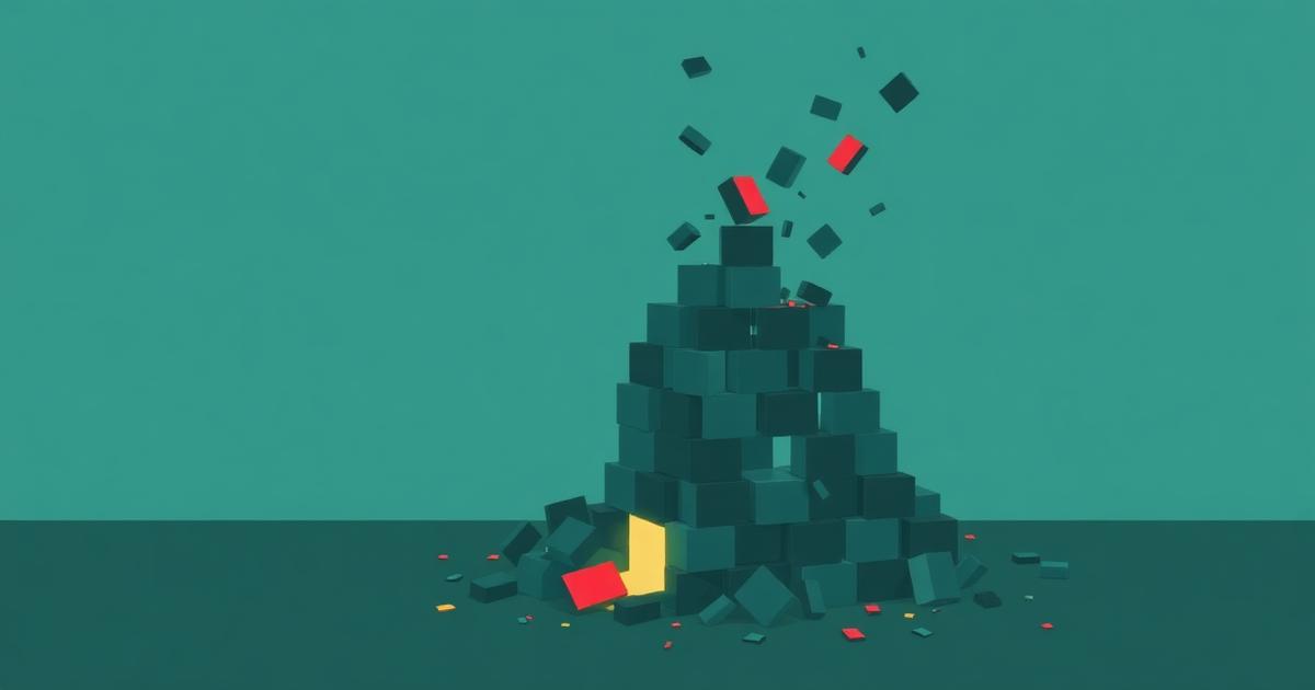 Illustration of a crumbling tower of building blocks with some glowing stable blocks at the base