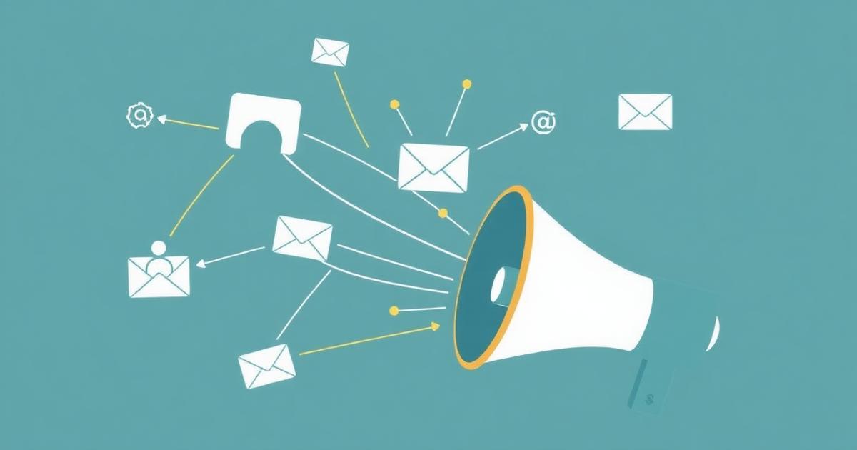 Illustration of a megaphone with connection lines to people icons and email envelopes representing mentor marketing channels