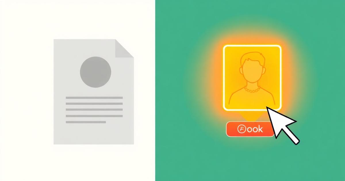 Illustration of a profile card transforming from plain to highlighted with a book button being clicked