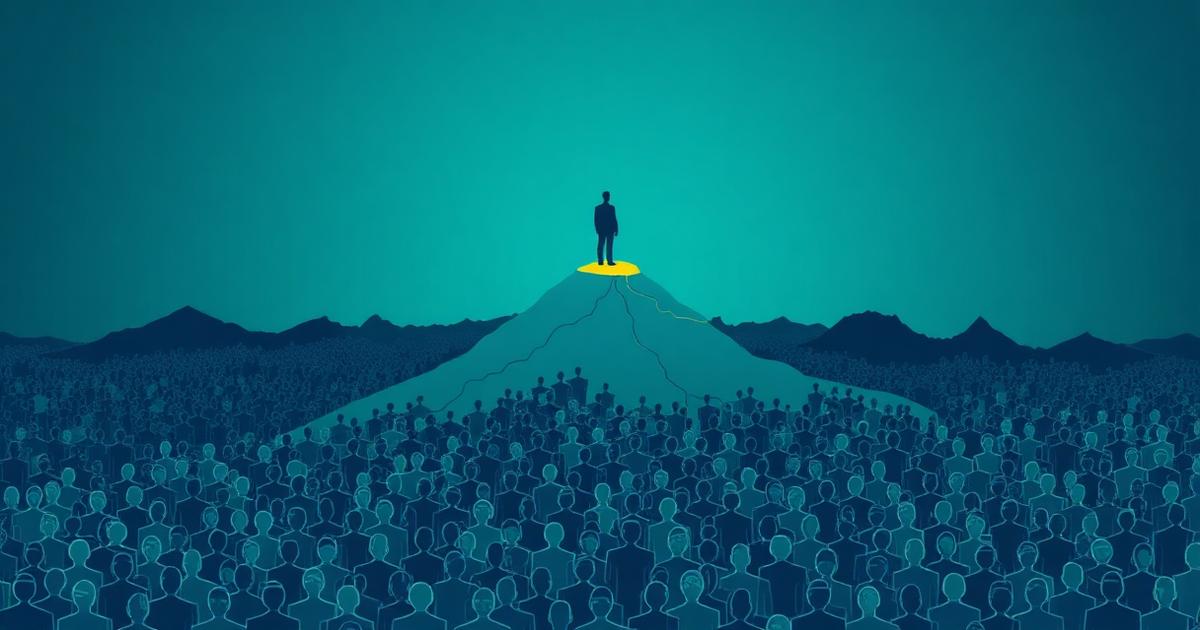 Illustration of a single figure standing on a highlighted peak above a crowded landscape of silhouettes